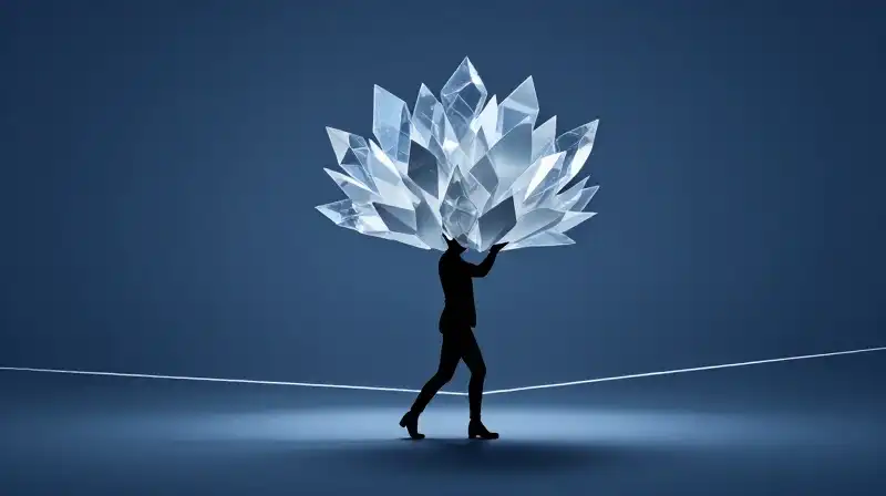 A fragile silhouette balances heavy geometric shards on a glowing line