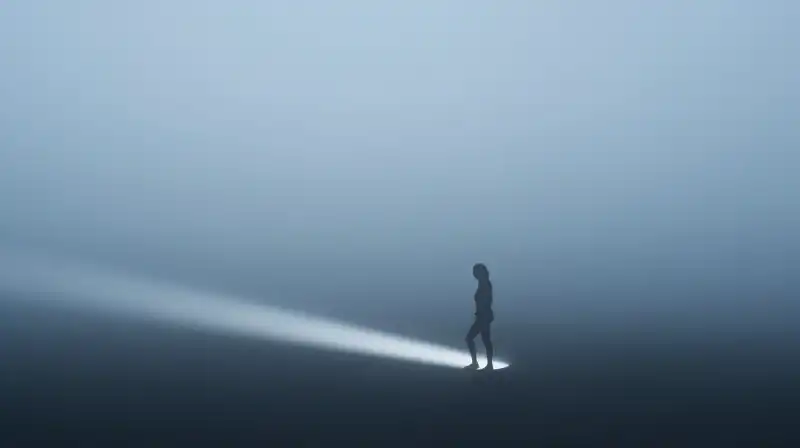 A silhouette steps from shadow into ethereal, misty light