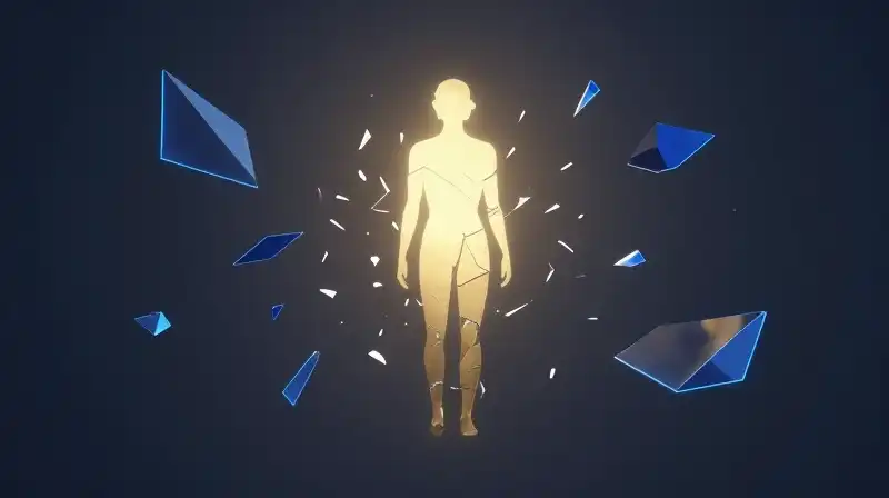 A shattered porcelain silhouette mends with glowing golden light