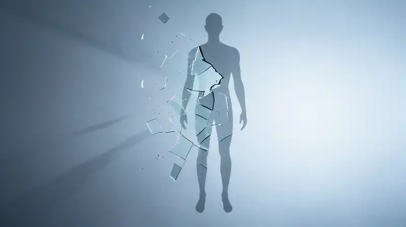 A translucent human silhouette floats amidst shattered glass shards