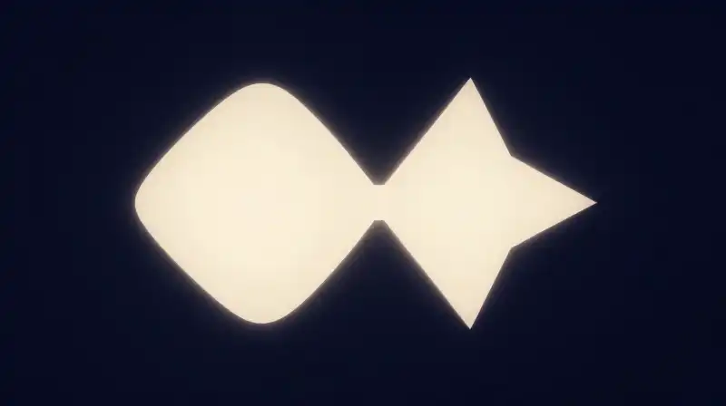 Two glowing geometric shapes intertwine within a dark blue void