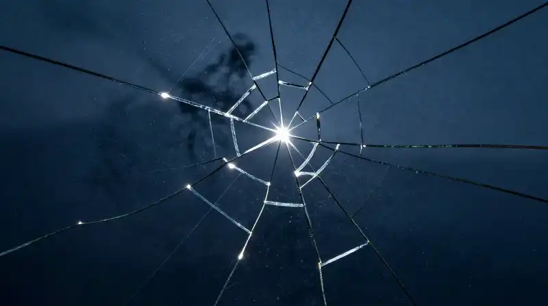 A glowing thread weaves through a fractured glass silhouette