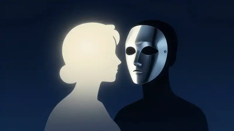 Two silhouettes stand against deep blue, glowing and mirrored