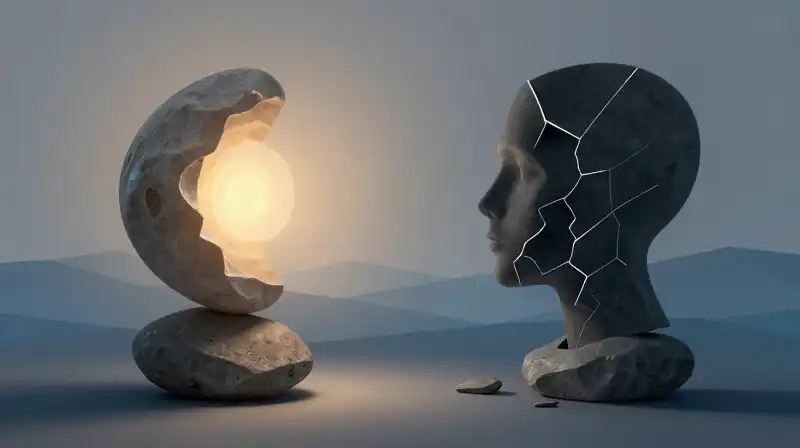 Balanced stones stand against crumbling shadows in a blue landscape
