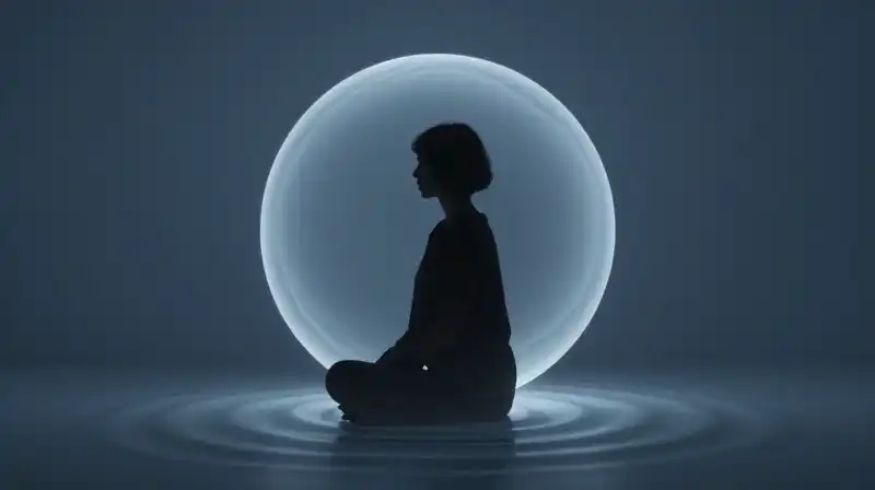 A silhouetted person sits peacefully inside a glowing, translucent sphere