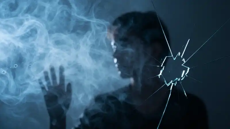 A distorted silhouette emerges through swirling blue mist and glass