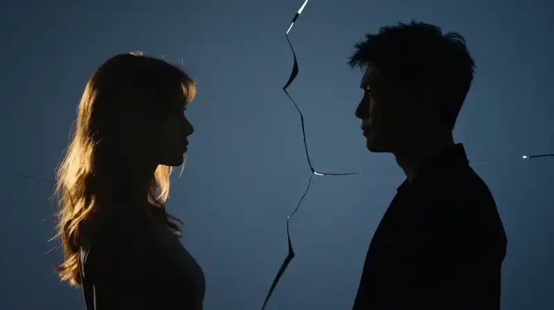 Two silhouettes, one golden and one shadowed, split by geometry