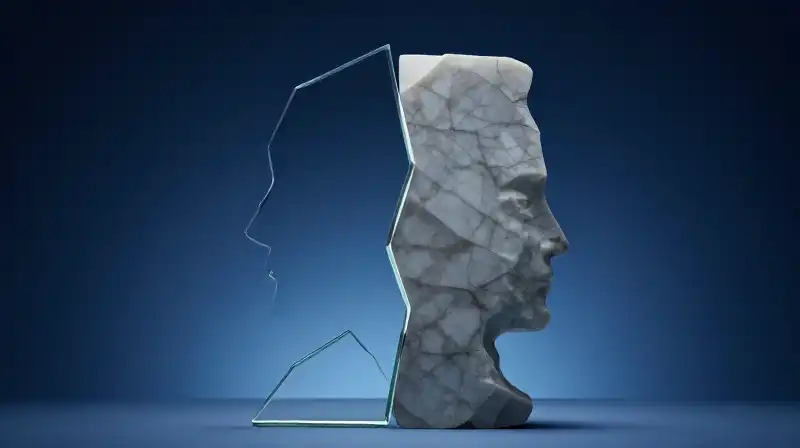 Two profiles meet, one made of glass, one of stone
