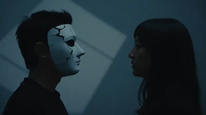 A cracking mask reveals a void between two silhouettes