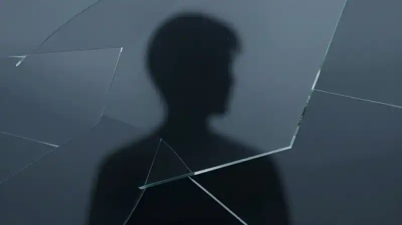 A calm silhouette reflects through fragmented, geometric blue glass