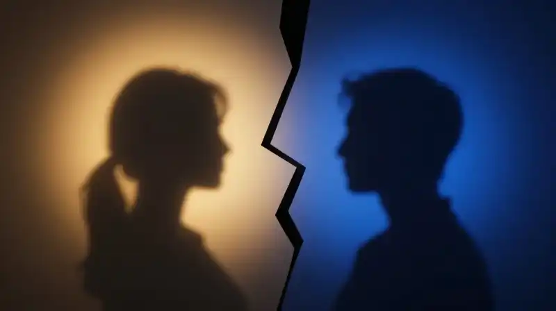 Two diverging silhouettes, one golden and one fractured blue