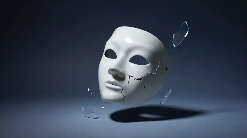 A cracked porcelain mask floats above a hollow shadow
