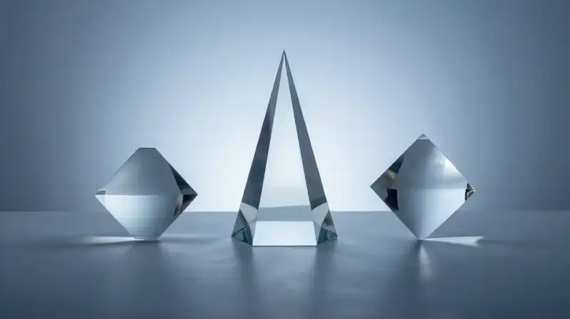 Three geometric glass sculptures stand in a vast, blue void