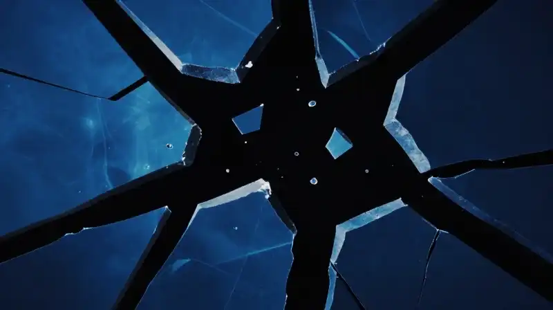 Blue geometric shards scatter chaotically into a dark void