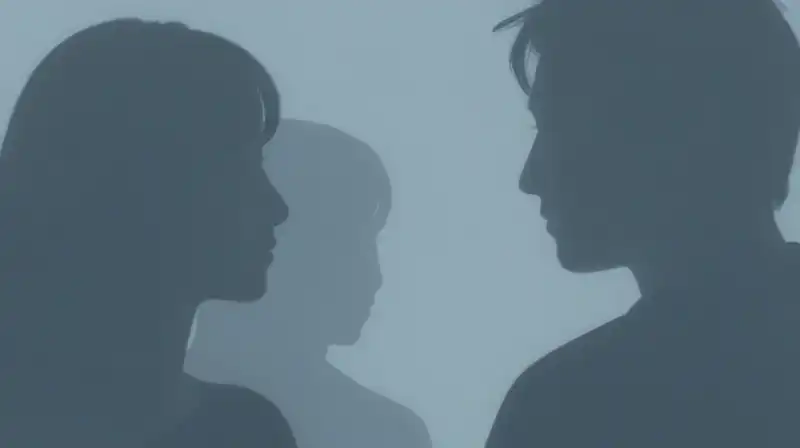 A silhouette watches three interlocking crystals in a blue void
