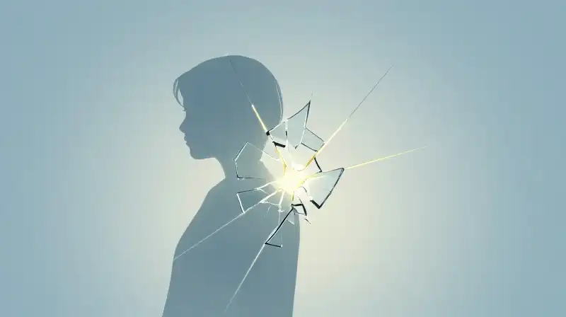 A golden thread mends a silhouette within fractured glass