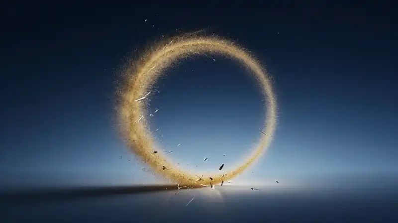 Golden particles swirl into glass shards against a blue void