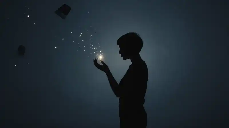 A dark silhouette absorbs glowing particles amidst soft geometric shapes