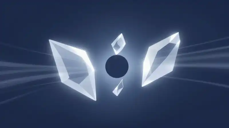 Three glowing geometric shards pull away from a central void