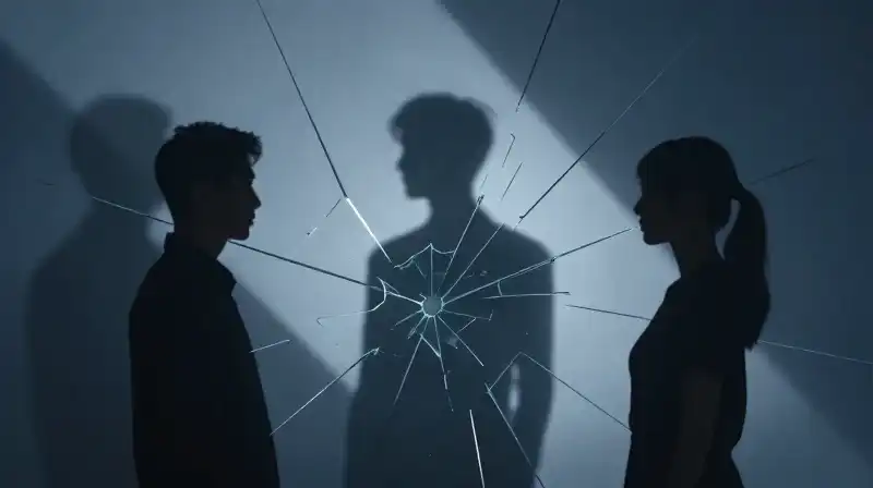 Three interconnected silhouettes emerge through fractured glass and blue shadows