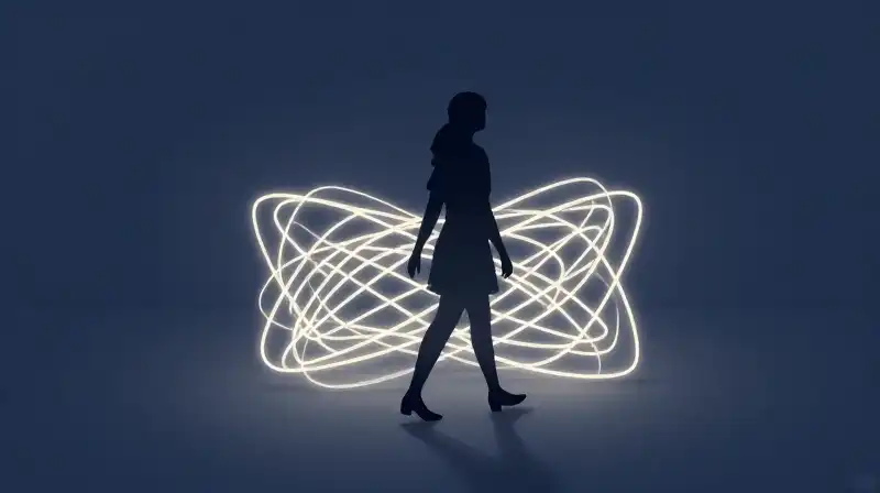 A silhouette steps away from a knot behind glowing light