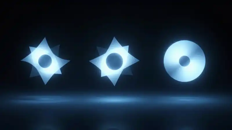 Three glowing geometric cores float within a dark void