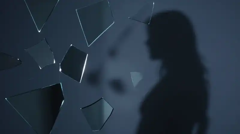 A dark silhouette shifts through fragmented, deep blue mirrors