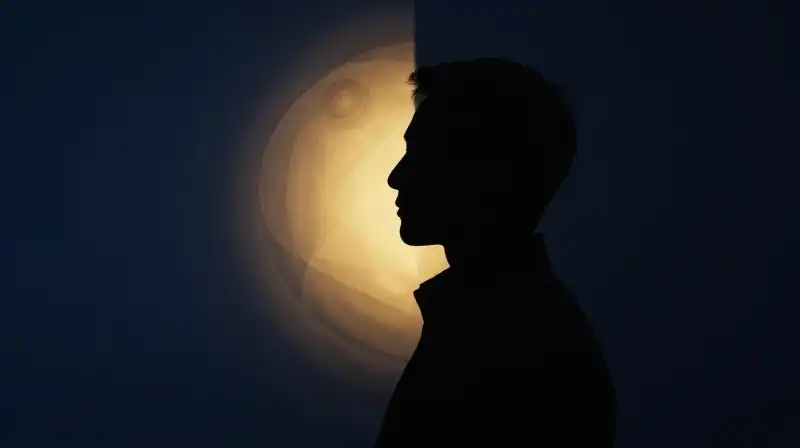 A split silhouette balances golden light against a dark void