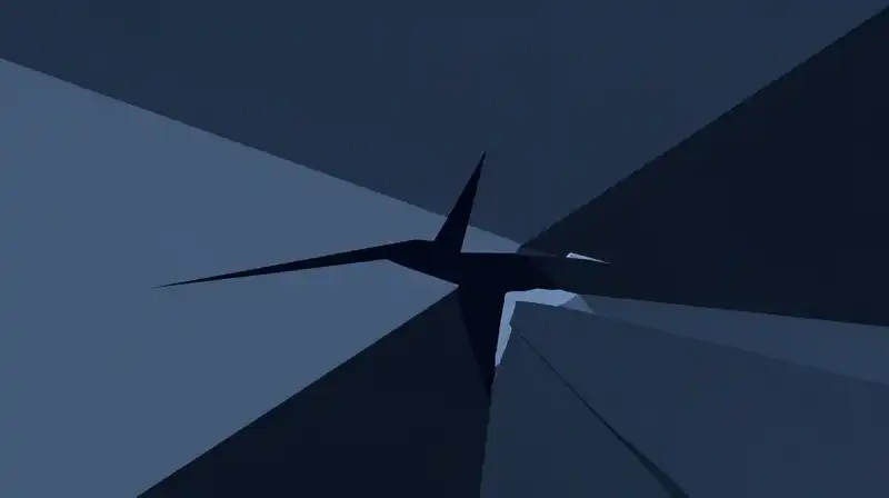 A single erratic line breaks a dark blue geometric plane