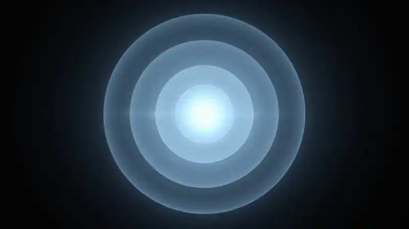 Glowing blue concentric circles pulse through a dark, misty void