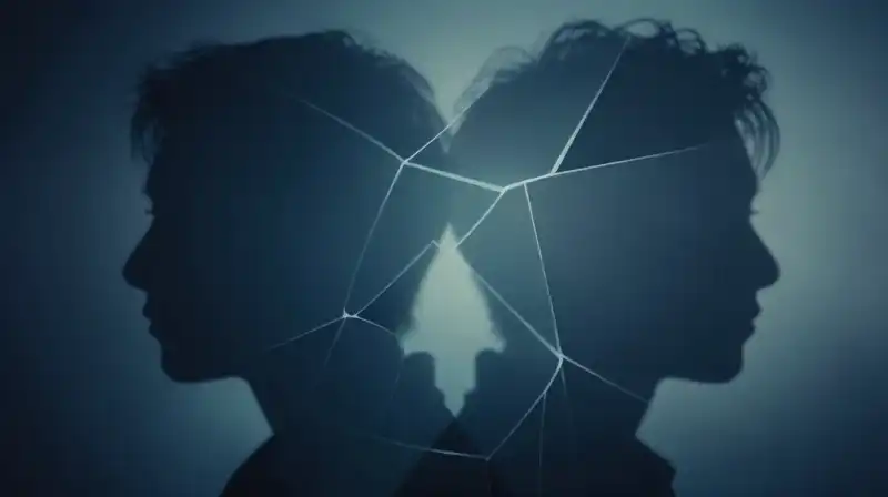 Two translucent silhouettes overlap amidst fractured, geometric patterns