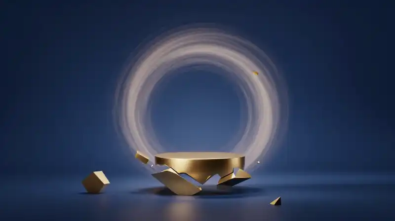 A golden pedestal dissolves into a swirling vortex of light