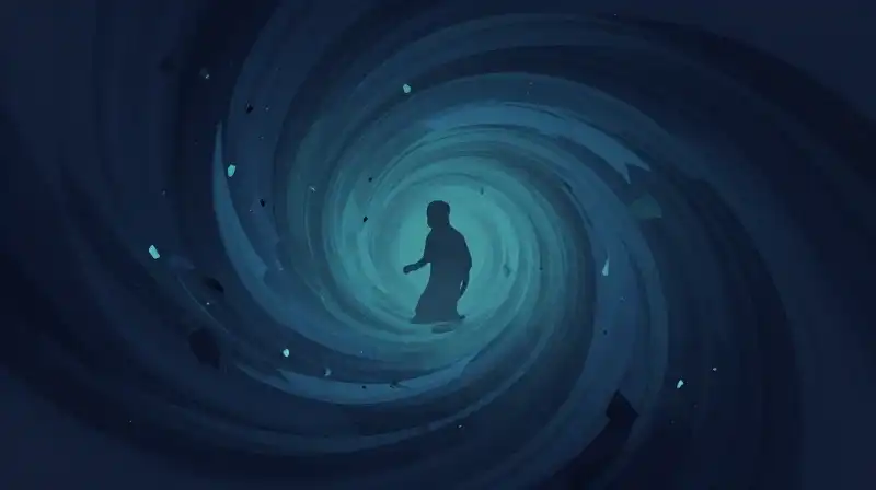 A dark silhouette is pulled through swirling blue geometric fragments