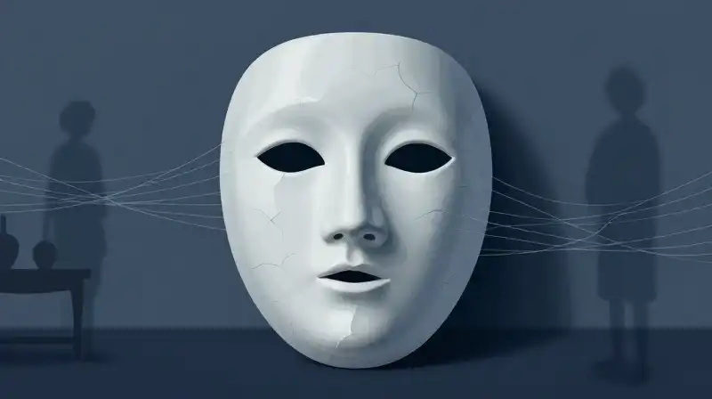 A fractured porcelain mask looms over shadowy domestic figures