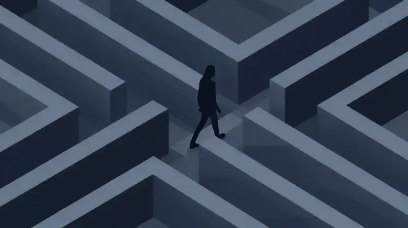 A lone silhouette walks through a blue geometric maze