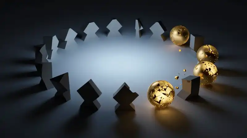 Golden spheres transform into fractured shards within a blue void