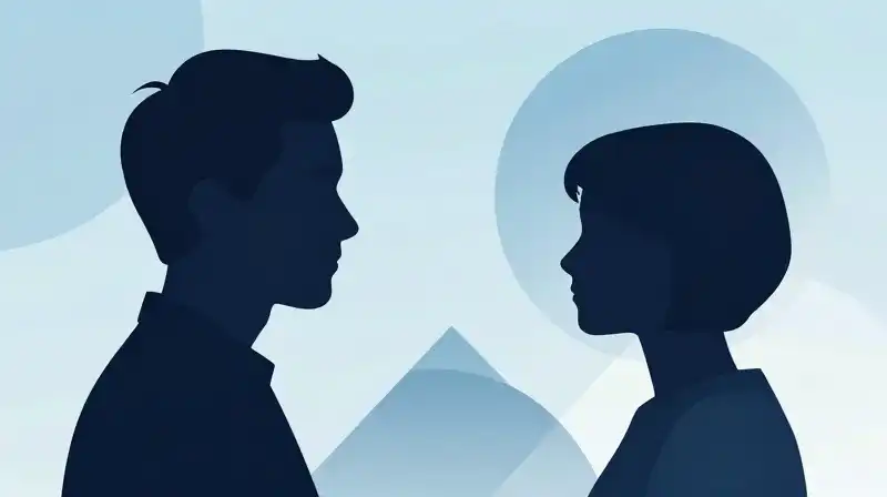 Two contrasting silhouettes face opposite directions amidst soft blue shapes