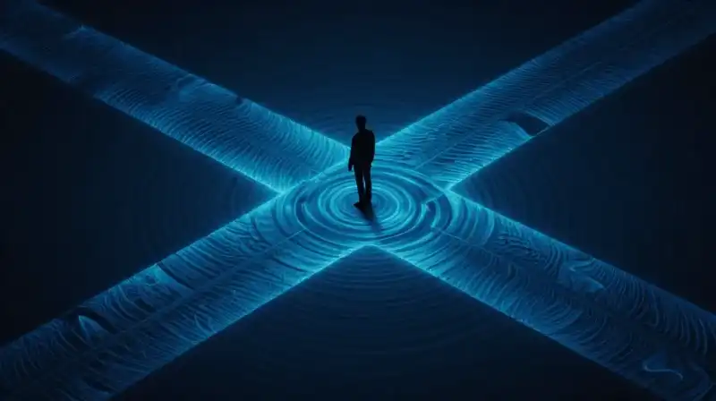 A lone silhouette stands amidst glowing blue geometric ripples