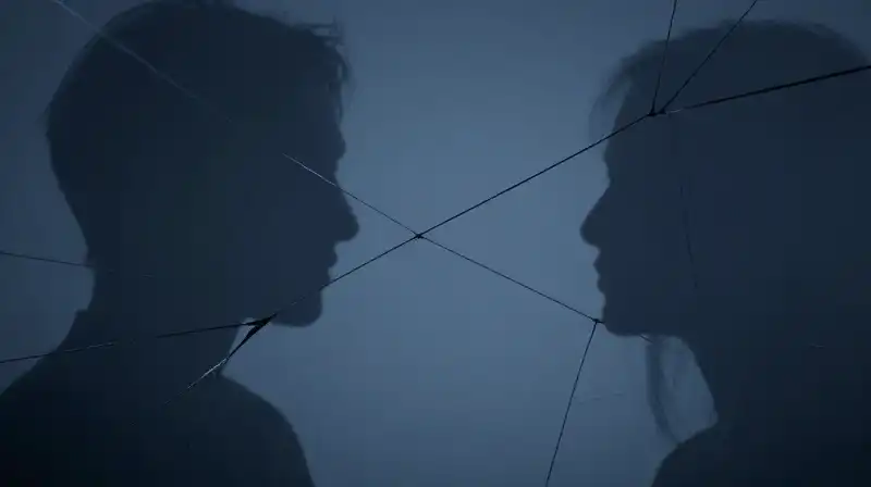 Interconnected, fractured silhouettes are entwined with tangled, translucent threads
