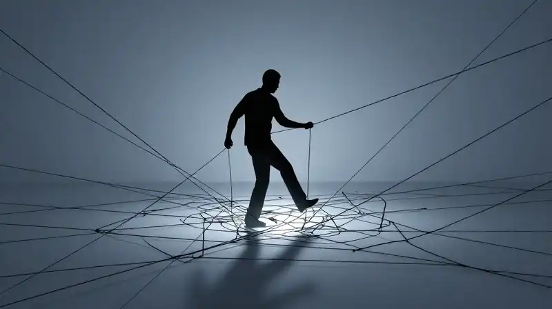 A glowing silhouette struggles to escape a geometric lattice