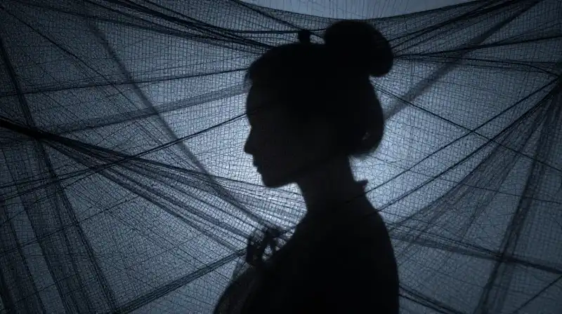 A silhouetted woman stands amidst tangled silk and fractured patterns