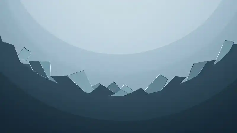 Fragmented glass shards float around a blue geometric silhouette