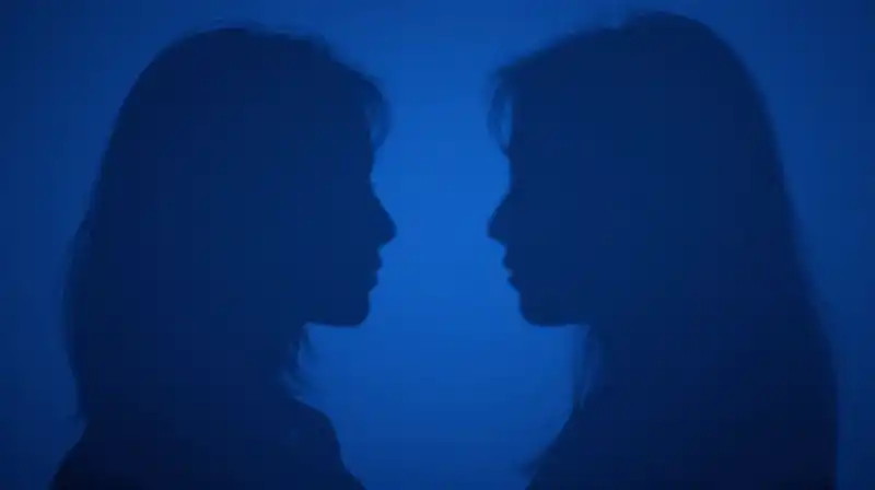 Two overlapping blue silhouettes, one fractured and one fluid
