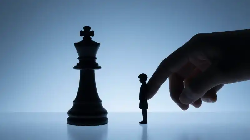 A porcelain child silhouette stands beneath a giant hands shadow