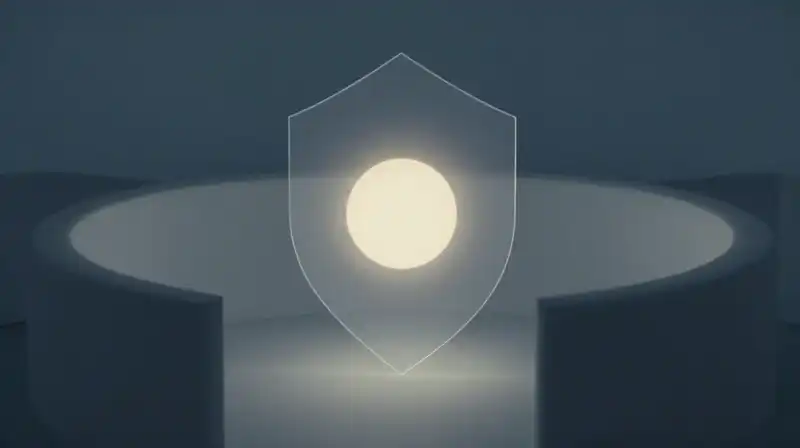 A glowing sphere rests inside soft, translucent geometric barriers