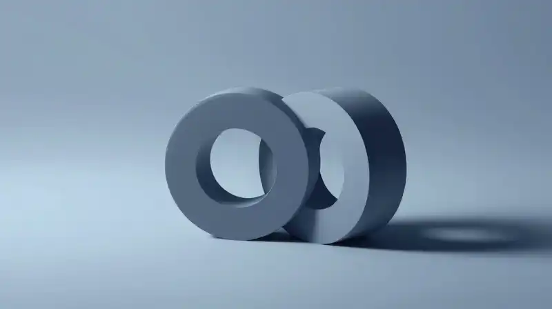 Two geometric shapes interlock against a soft blue background