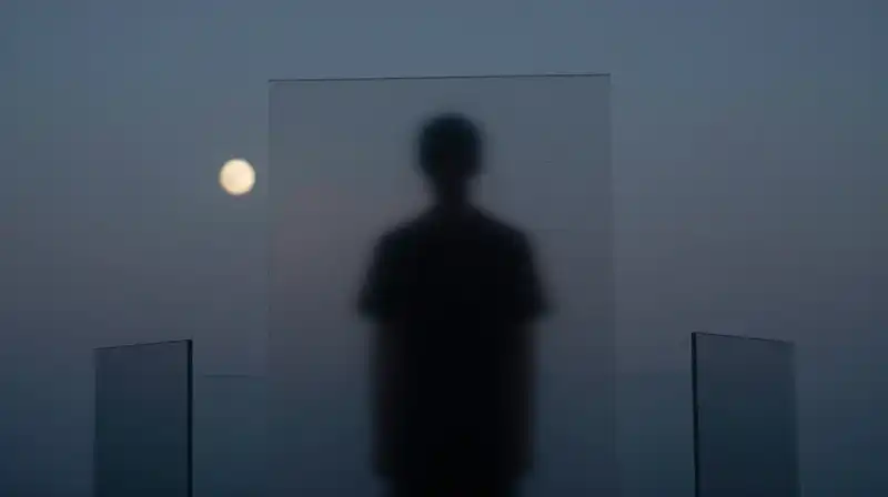 A calm silhouette stands behind a glowing geometric shield