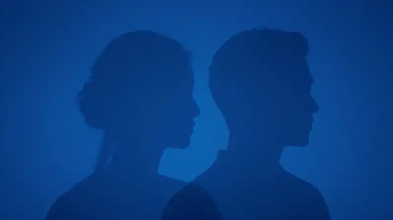 Two overlapping translucent blue silhouettes mirror each other perfectly