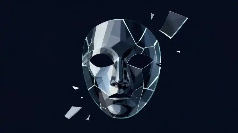 A fractured glass mask floats in a dark blue void