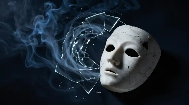 A crumbling marble mask swirls within dark blue smoke